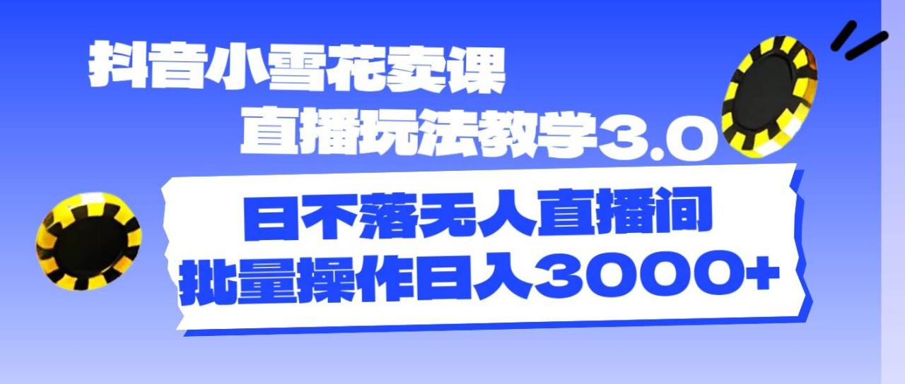 抖音小雪花卖课直播玩法教学3.0，日不落无人直播间，批量操作日入3000+-天天资源网