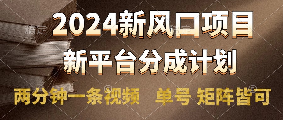 2024风口项目，新平台分成计划，两分钟一条视频，单号轻松上手月入9000+-天天资源网