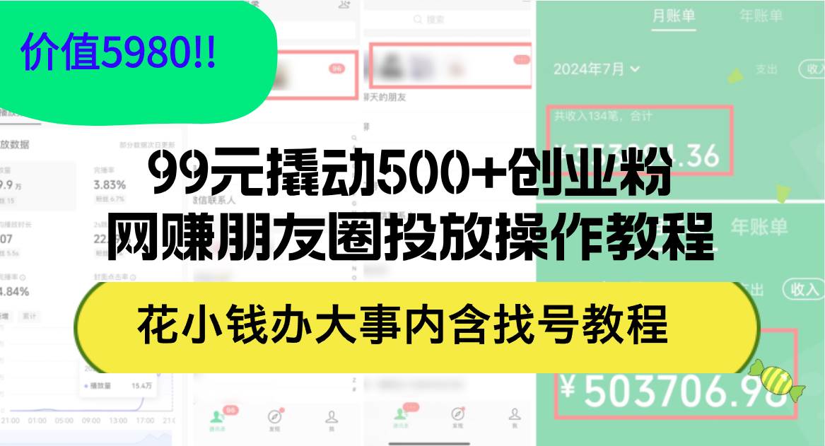 99元撬动500+创业粉，网赚朋友圈投放操作教程价值5980！花小钱办大事内…-天天资源网