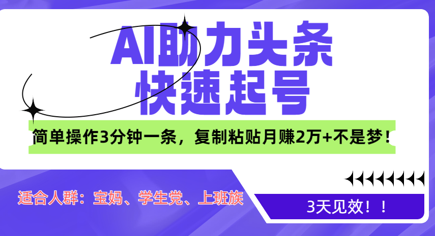 AI助力头条快速起号，3天见效！简单操作3分钟一条，复制粘贴月赚2万+不是梦！-天天资源网