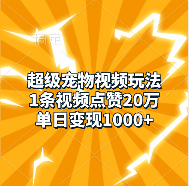 超级宠物视频玩法，1条视频点赞20万，单日变现1000+-天天资源网