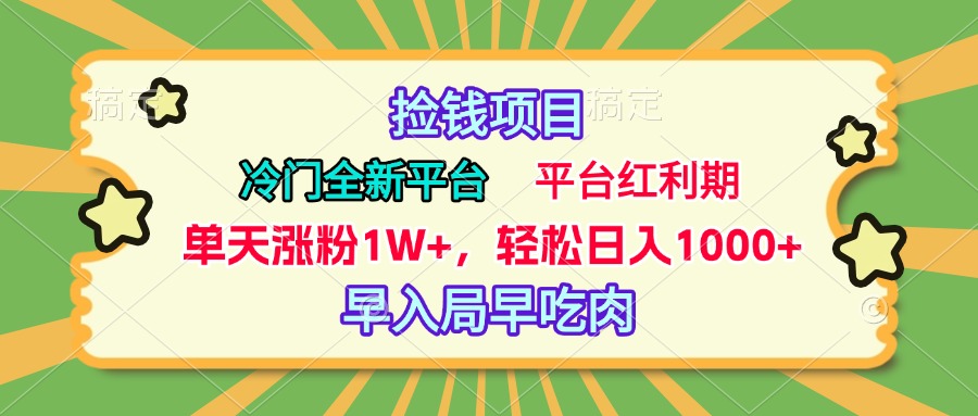 冷门全新捡钱平台，当天涨粉1W+，日入1000+，傻瓜无脑操作-天天资源网