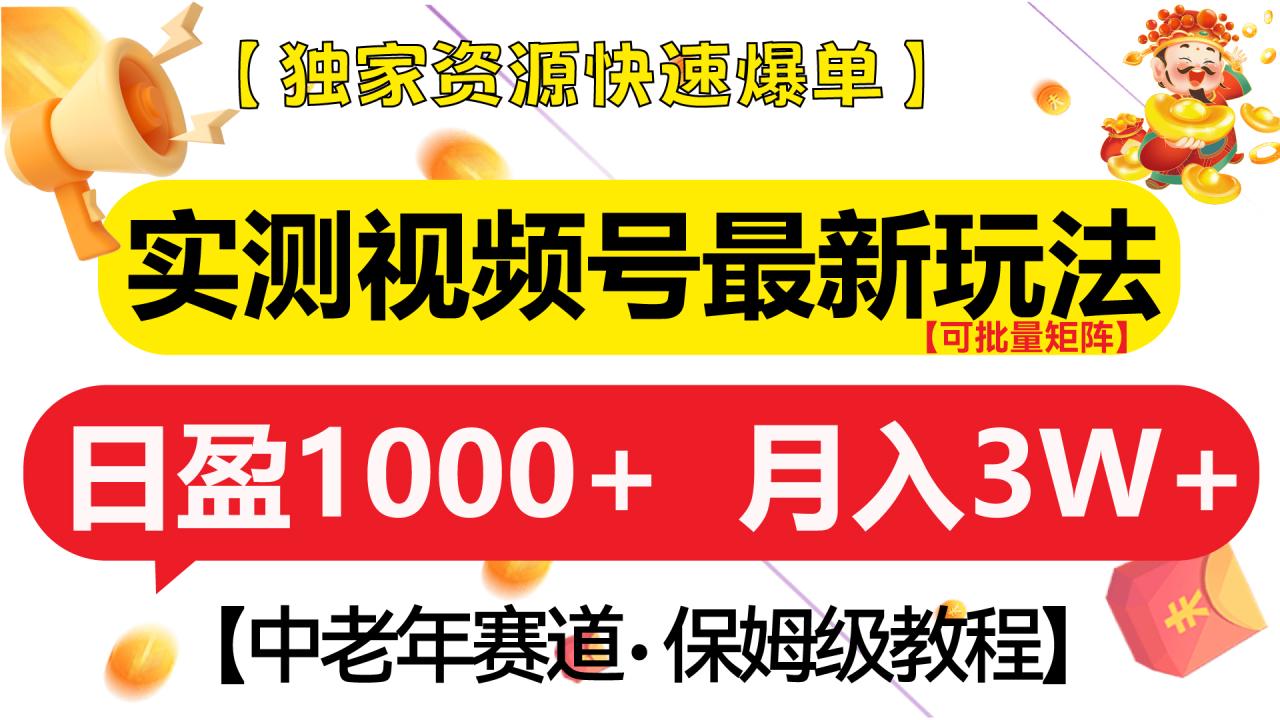 实测视频号最新玩法 中老年赛道独家资源快速爆单  可批量矩阵 日盈1000+  月入3W+  附保姆级教程-天天资源网