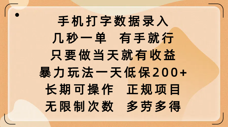 手机打字数据录入，几秒一单，有手就行，只要做当天就有收益，暴力玩法一天低保200+，长期可操作，正规项目，无限制次数，多劳多得-天天资源网