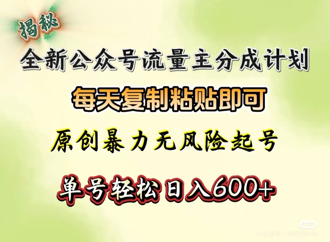 全新公众号流量主分成计划，每天复制粘贴即可，原创暴力起号无风险，单号轻松日入600+（揭秘）-天天资源网